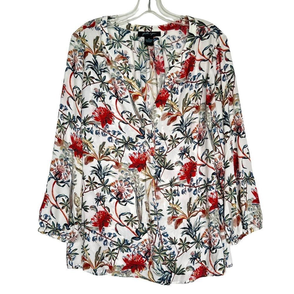 Faith & Zoe Blouse Plus Size 1X White Floral V-Neck King Sleeves